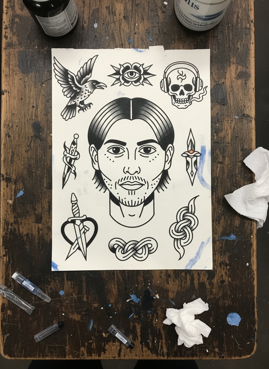 Tattoo Flash Sheet AI effect example for ecommerce product