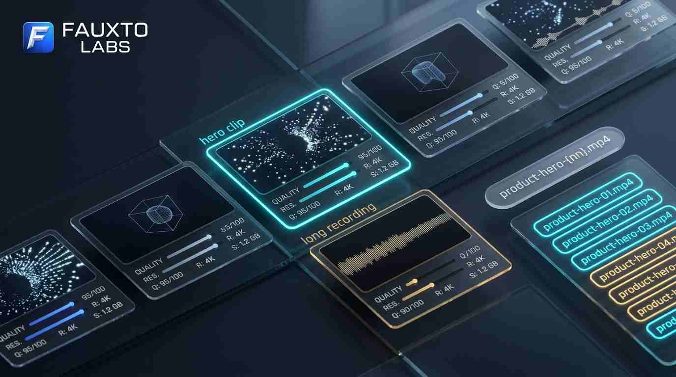 Per-video compression settings showing individual CRF quality sliders, resolution presets, and custom naming scheme configuration