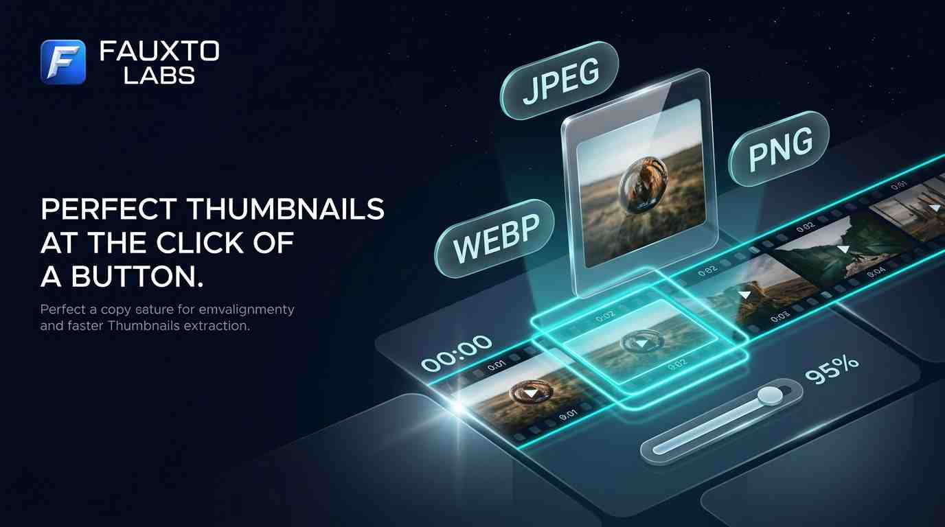 Thumbnail extraction interface showing high-quality first-frame poster images extracted from videos in JPEG, PNG, and WebP formats